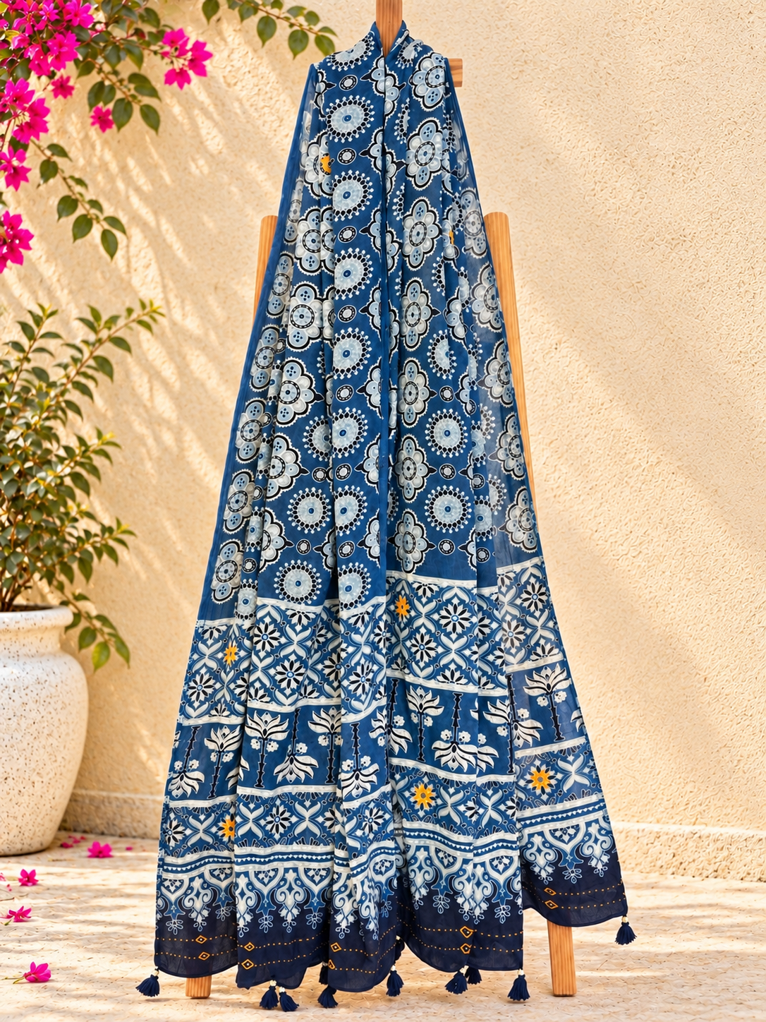 Rangrez🔅Ajrakh Mulmul Cotton Dupattas with Embroidery ~ Neel Bahaar