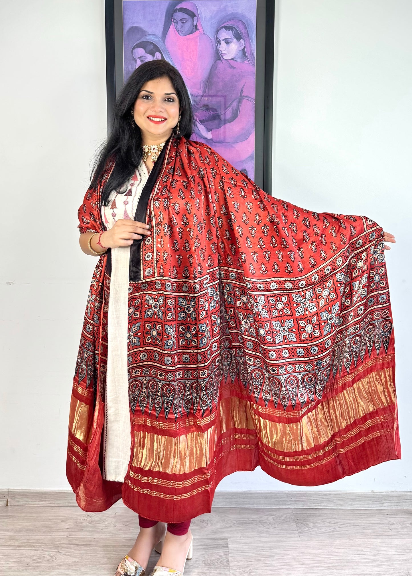 Modal Silk Ajrakh Dupatta ~ Brick Red Tulip Motif w/ Zari