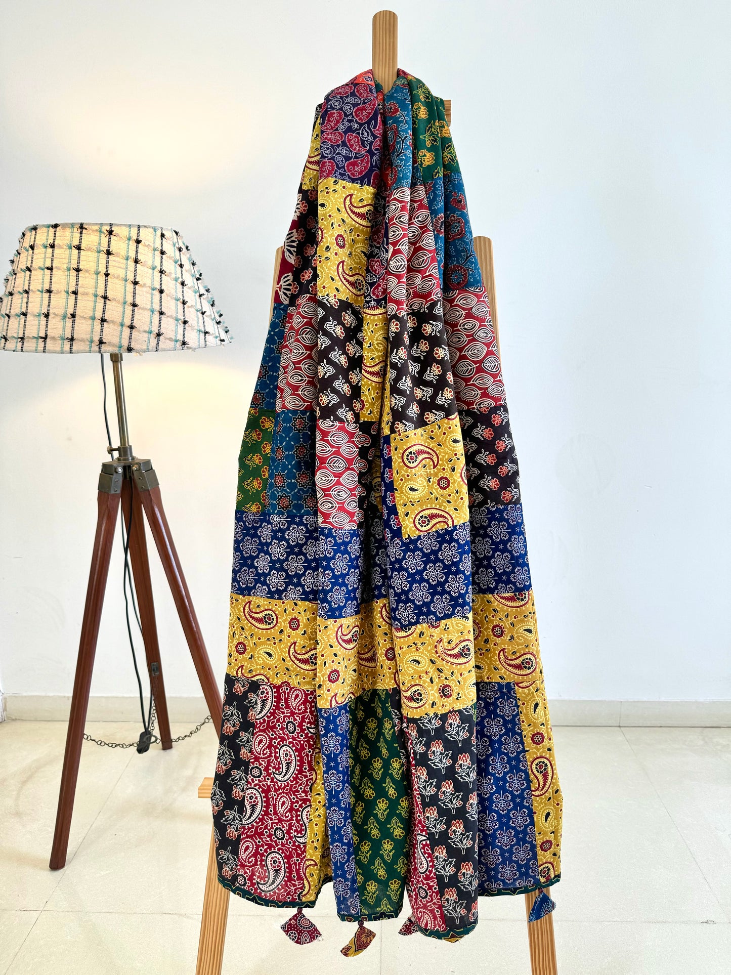 Ajrakh Applique & Kantha Embroidered Dupatta ~ Multicolored Chequered