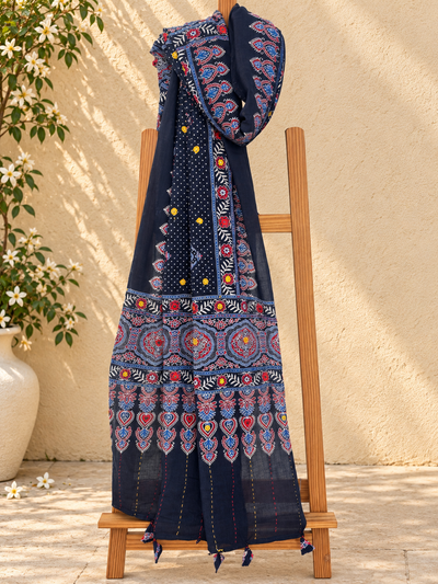 Rangrez🔅Ajrakh Mulmul Cotton Dupattas with Embroidery ~ Indigo Bloom