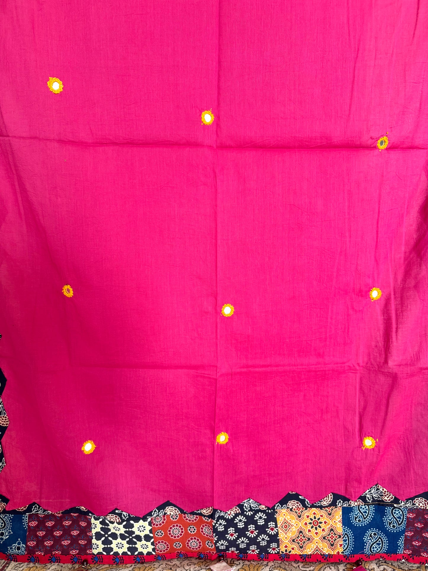 Ajrakh Applique & Kantha Embroidered Dupatta ~ Bright Pink