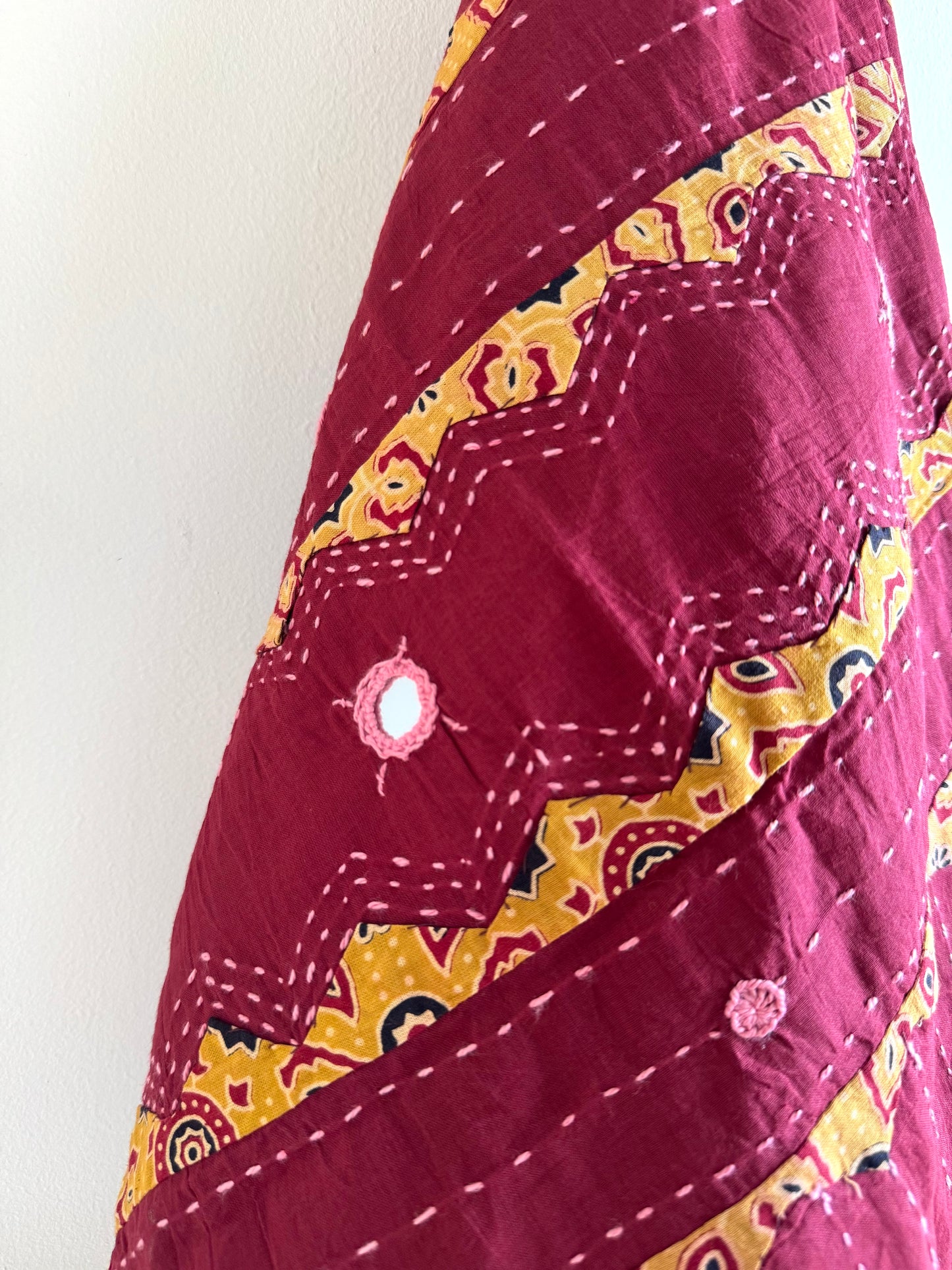 Ajrakh Applique & Kantha Embroidered Dupatta ~ Deep Red with Yellow Kantha Work