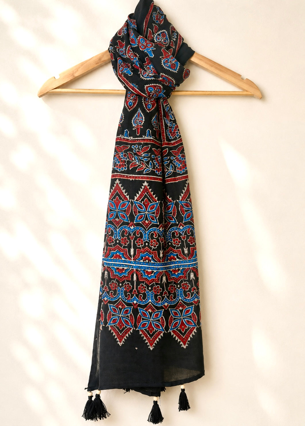Raahi🌻Ajrakh Cotton Stoles ~ black and metallic blue w/ flower motifs