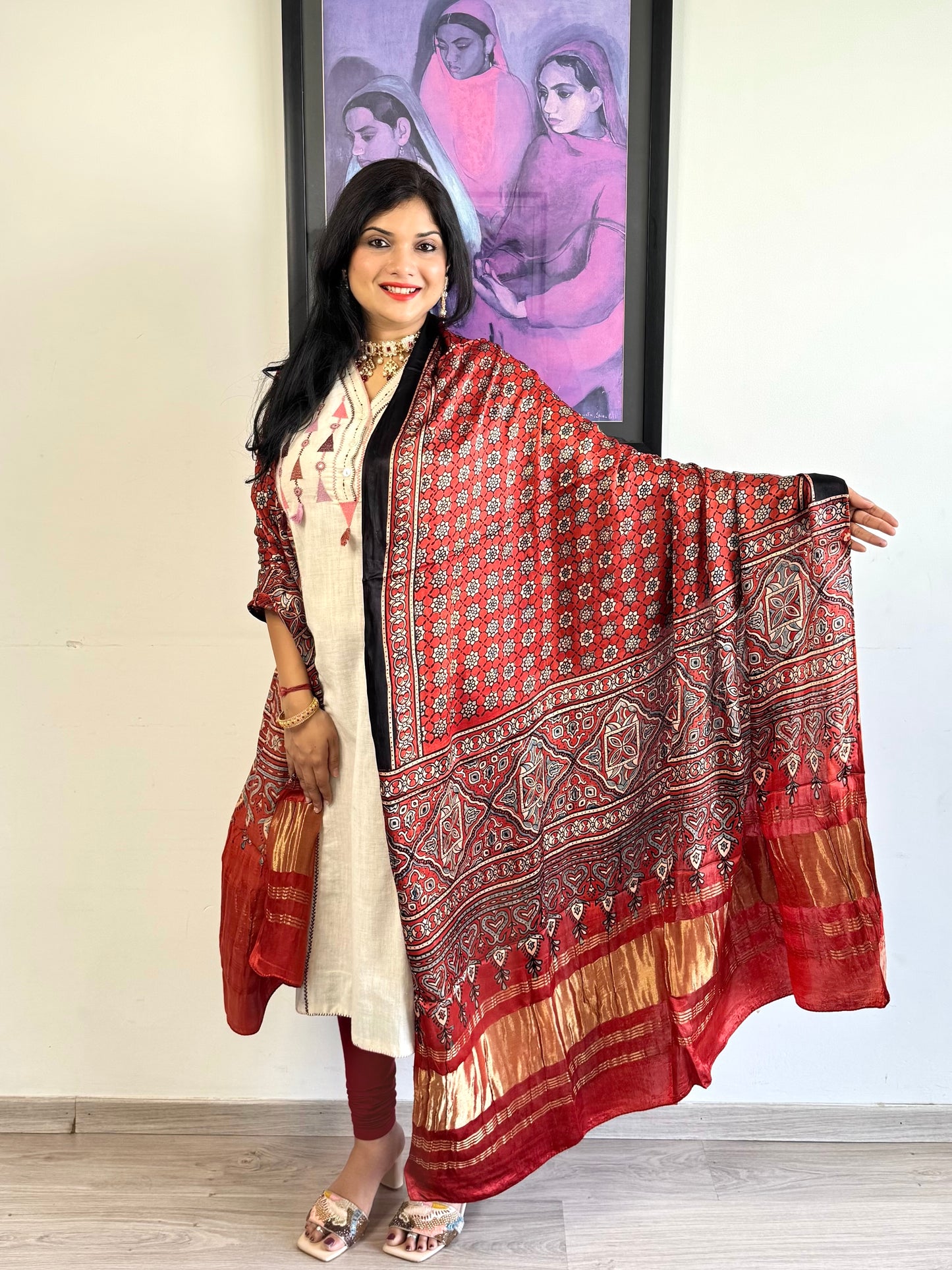 Modal Silk Ajrakh Dupatta ~ Brick Red Jharokha Motif w/ Zari