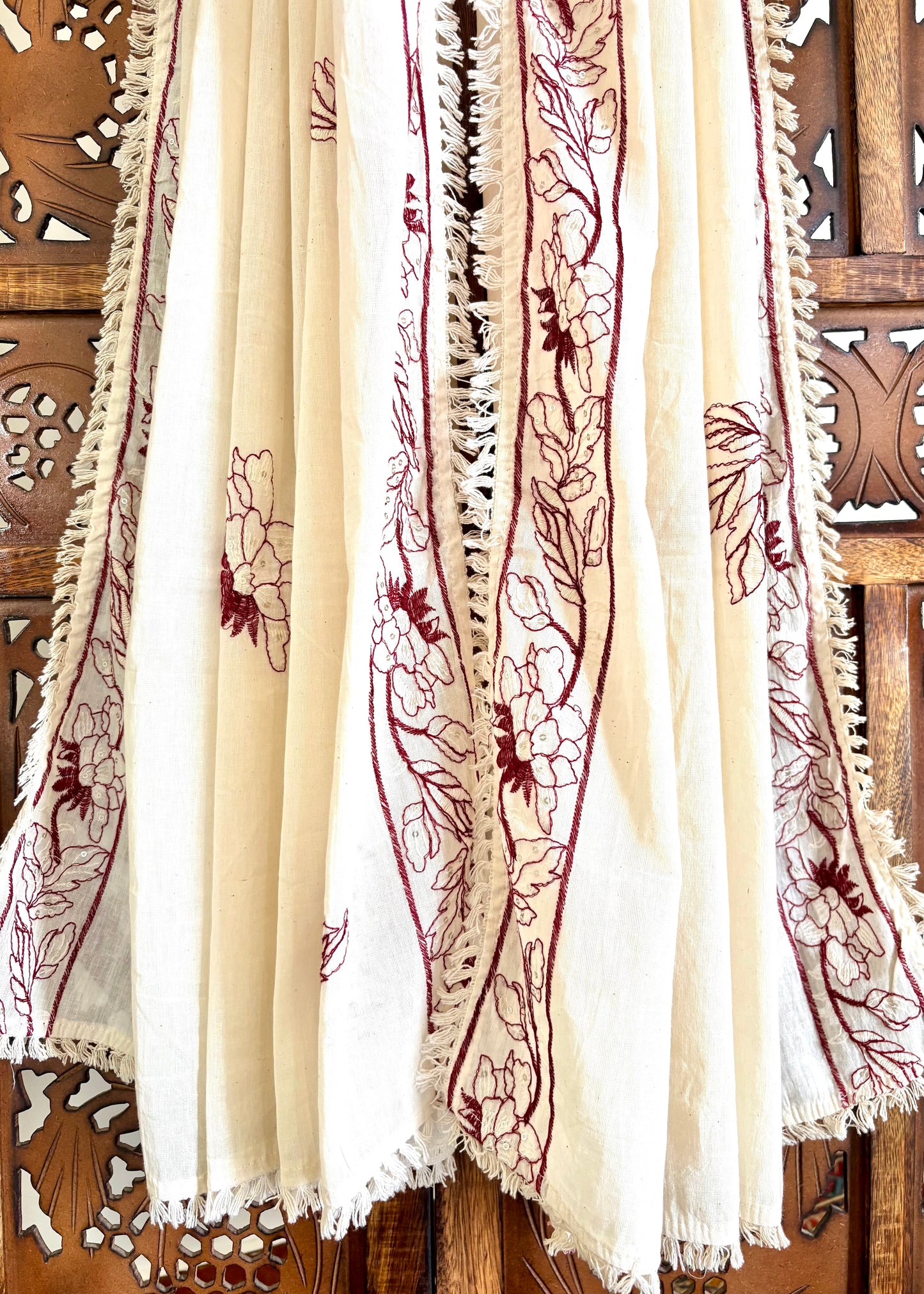Khadi Cotton Dupatta ~ Bronze Floral Embroidery