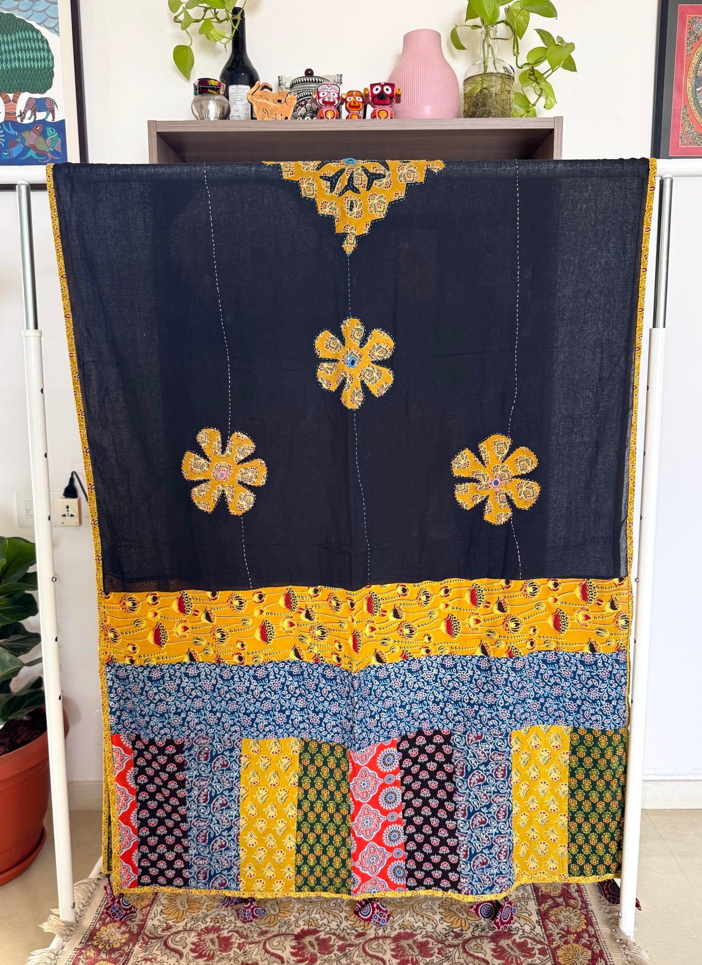 𓂃ོ⋆☀︎𓂃ᨒོ Ajrakh, Applique & Kantha Embroidered Dupatta ~ Jet Black & Yellow 𑁍ࠬ