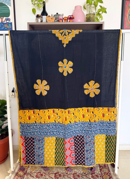 𓂃ོ⋆☀︎𓂃ᨒོ Ajrakh, Applique & Kantha Embroidered Dupatta ~ Jet Black & Yellow 𑁍ࠬ