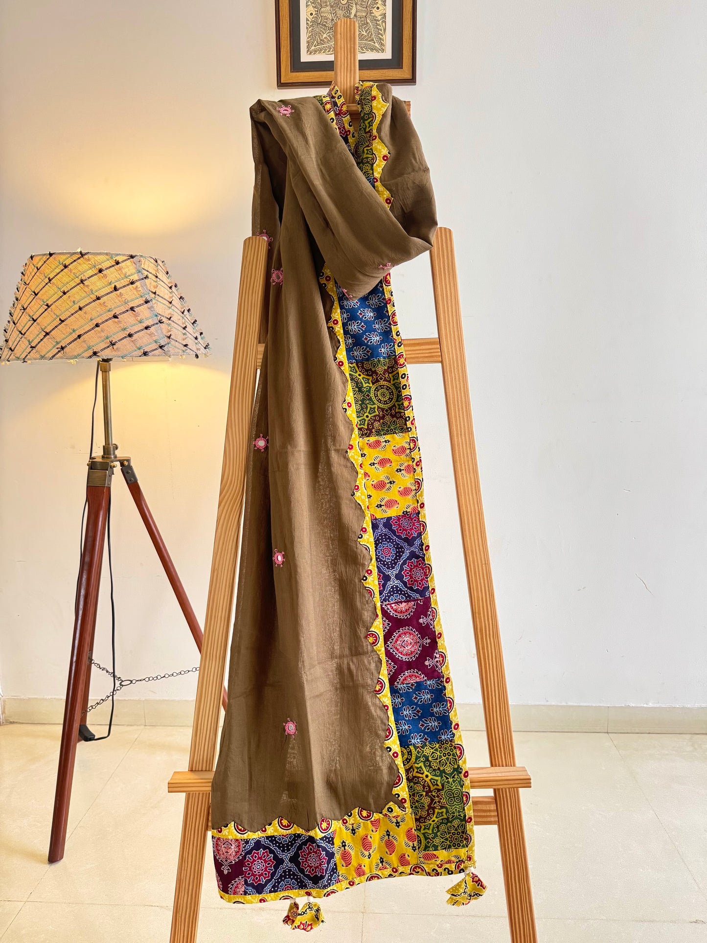 Ajrakh Applique & Kantha Embroidered Dupatta ~ Coco Brown w/ Yellow
