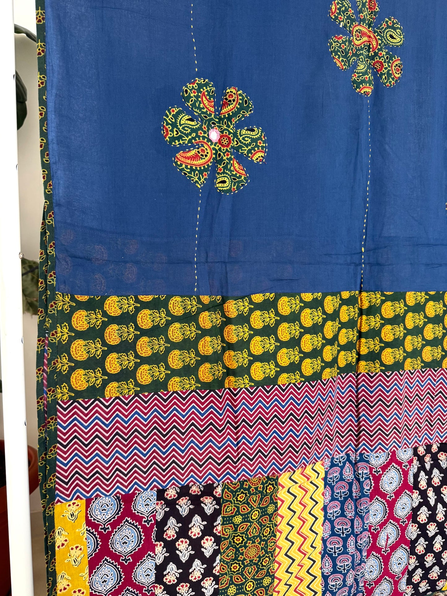 Ajrakh Applique & Kantha Embroidered Dupatta ~ Navy Blue w/ Green Flowers