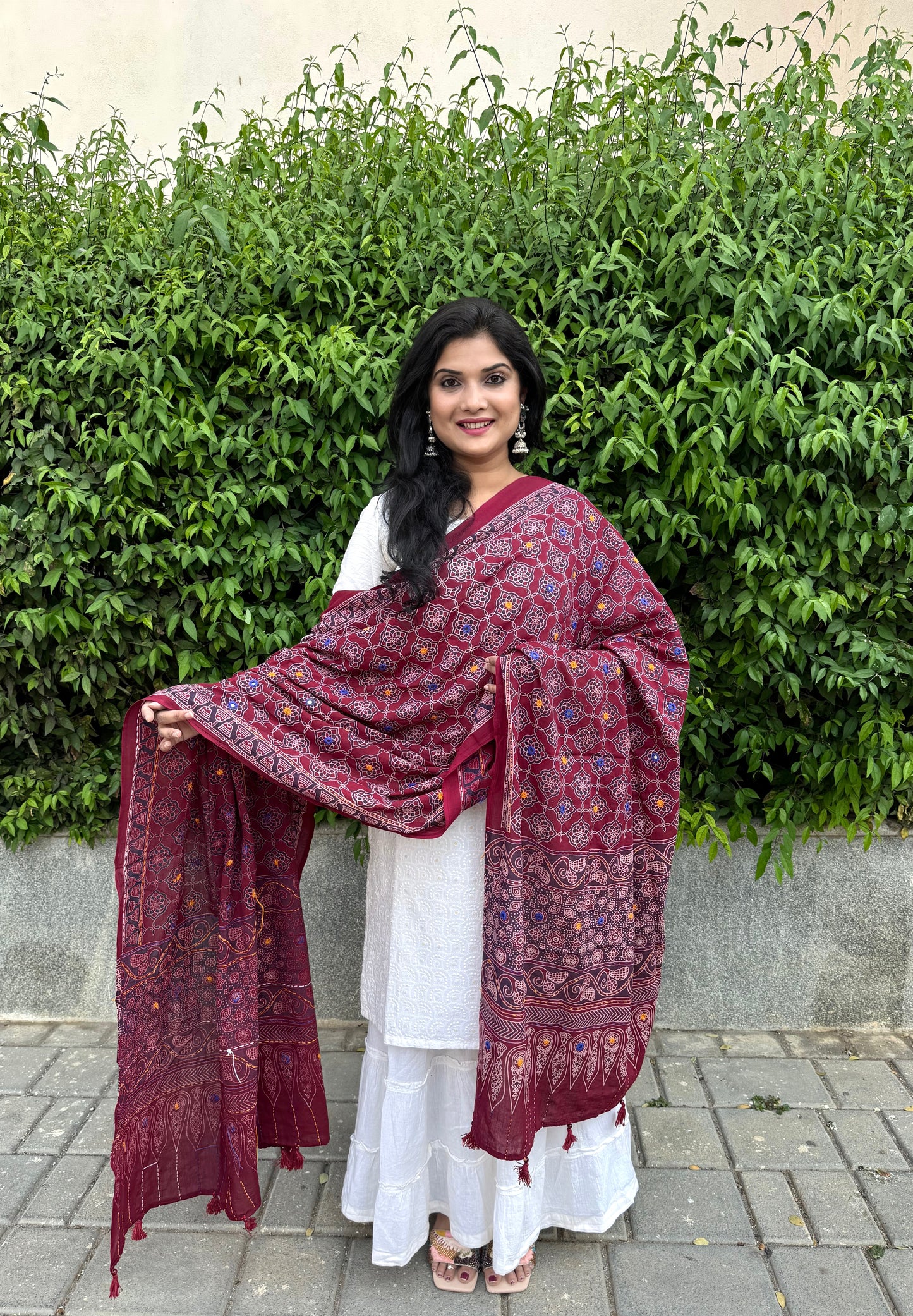 Rangrez🔅Ajrakh Mulmul Cotton Dupattas with Embroidery ~ Cranberry Red