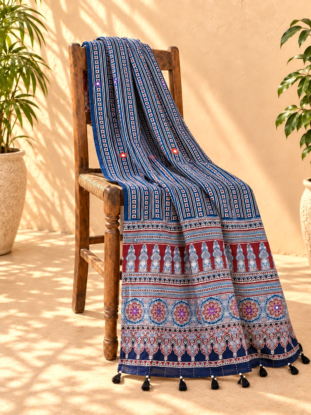 Rangrez🔅Ajrakh Mulmul Dupattas with Embroidery ~ Indigo Leher