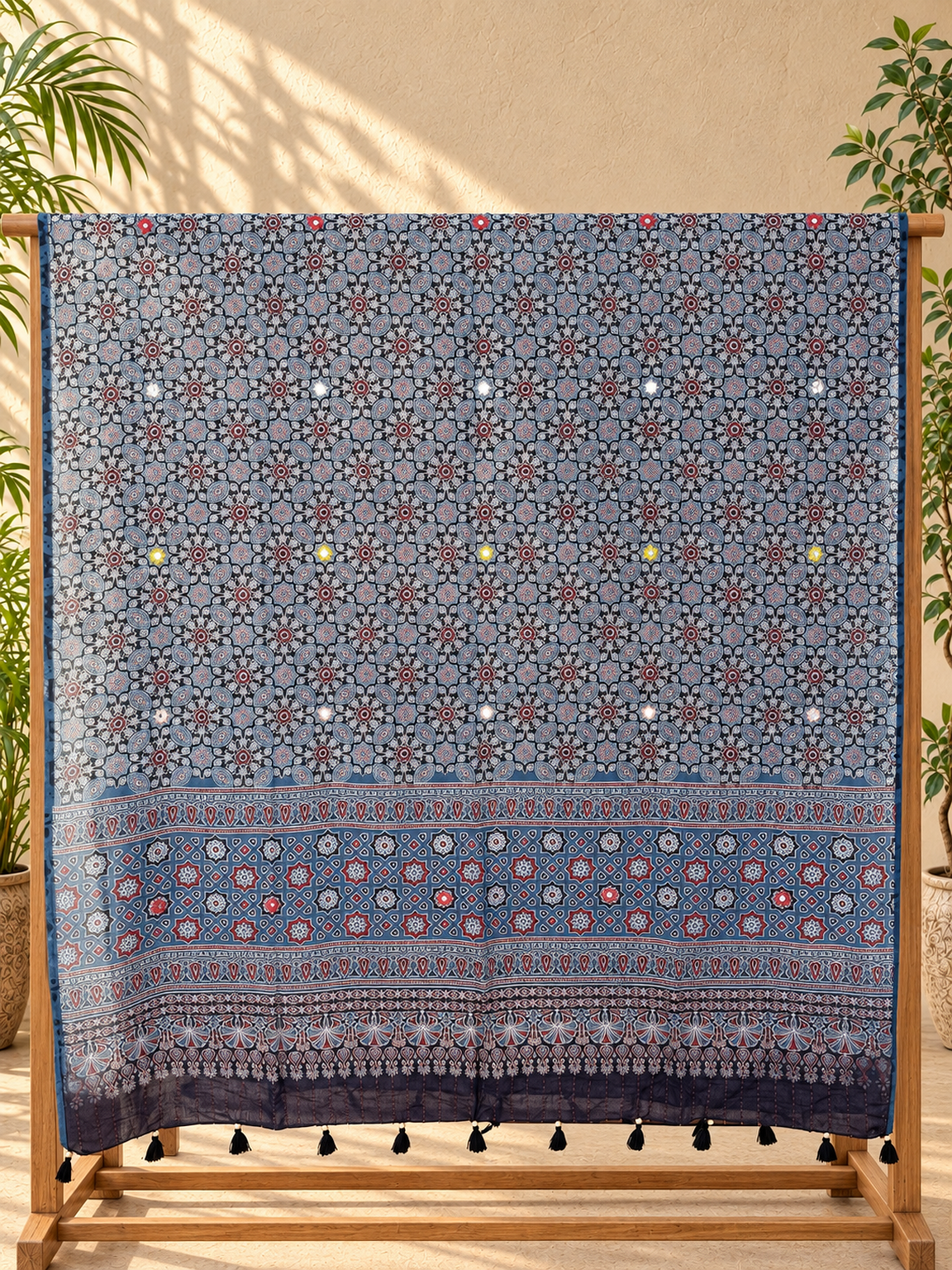 Rangrez🔅Ajrakh Mulmul Dupattas with Embroidery ~ Indigo Flowers