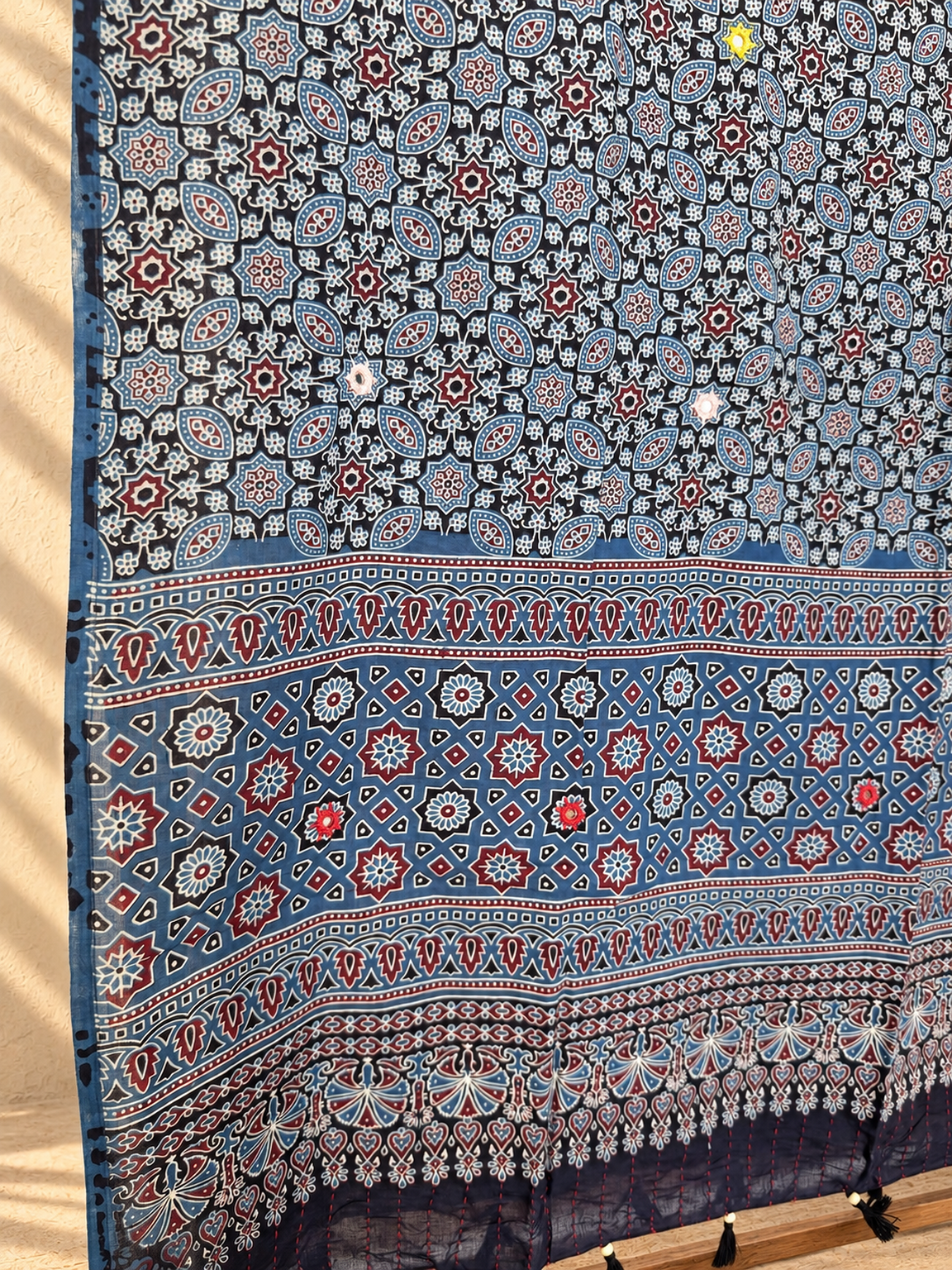 Rangrez🔅Ajrakh Mulmul Dupattas with Embroidery ~ Indigo Flowers