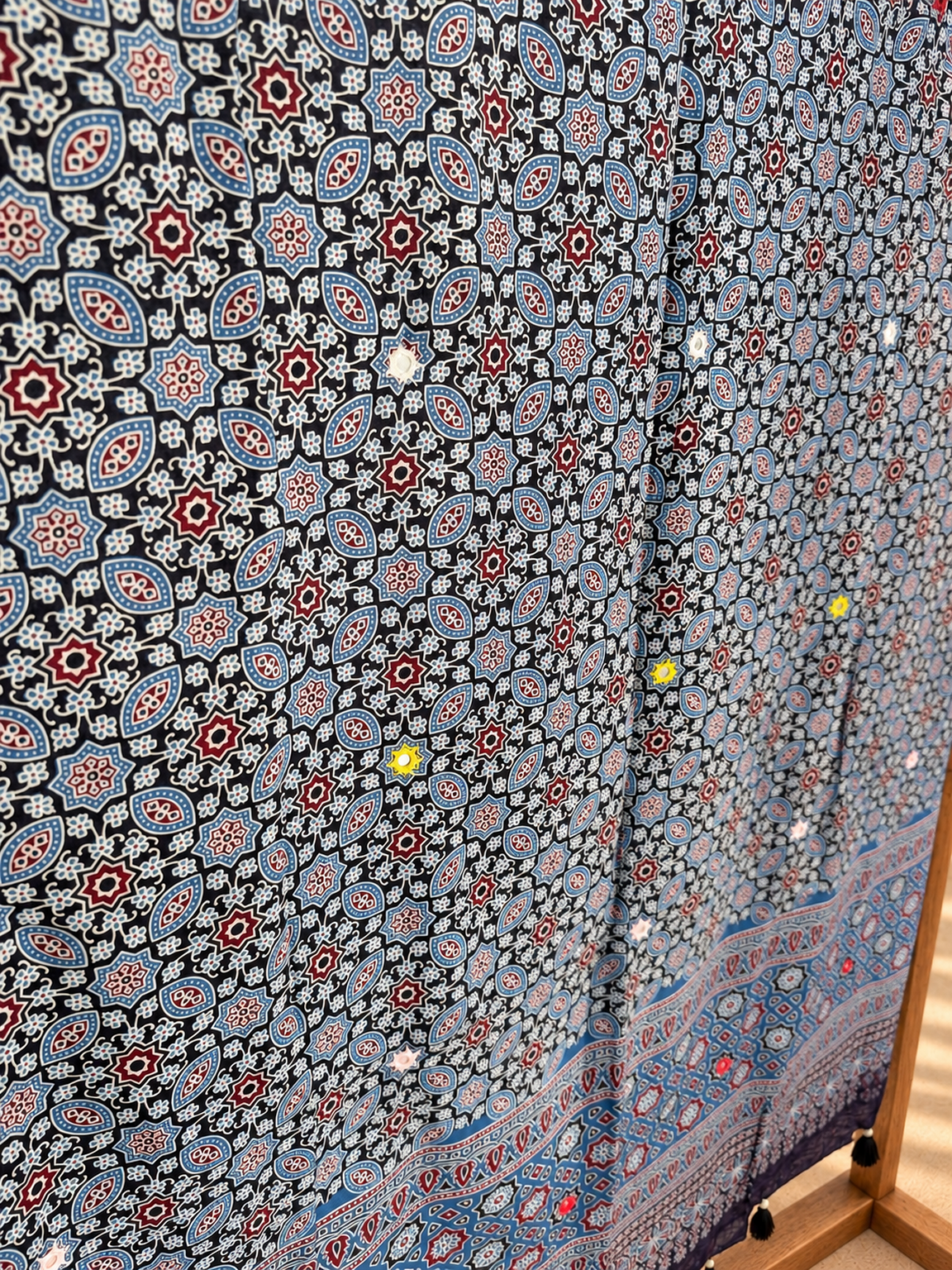 Rangrez🔅Ajrakh Mulmul Dupattas with Embroidery ~ Indigo Flowers