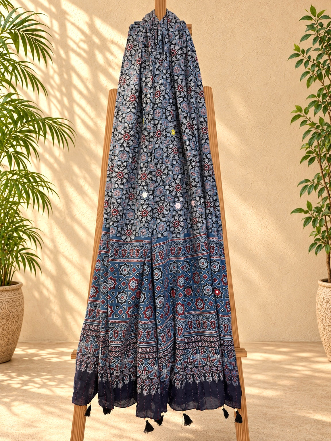 Rangrez🔅Ajrakh Mulmul Dupattas with Embroidery ~ Indigo Flowers