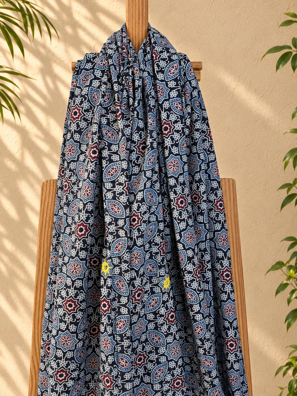 Rangrez🔅Ajrakh Mulmul Dupattas with Embroidery ~ Indigo Flowers