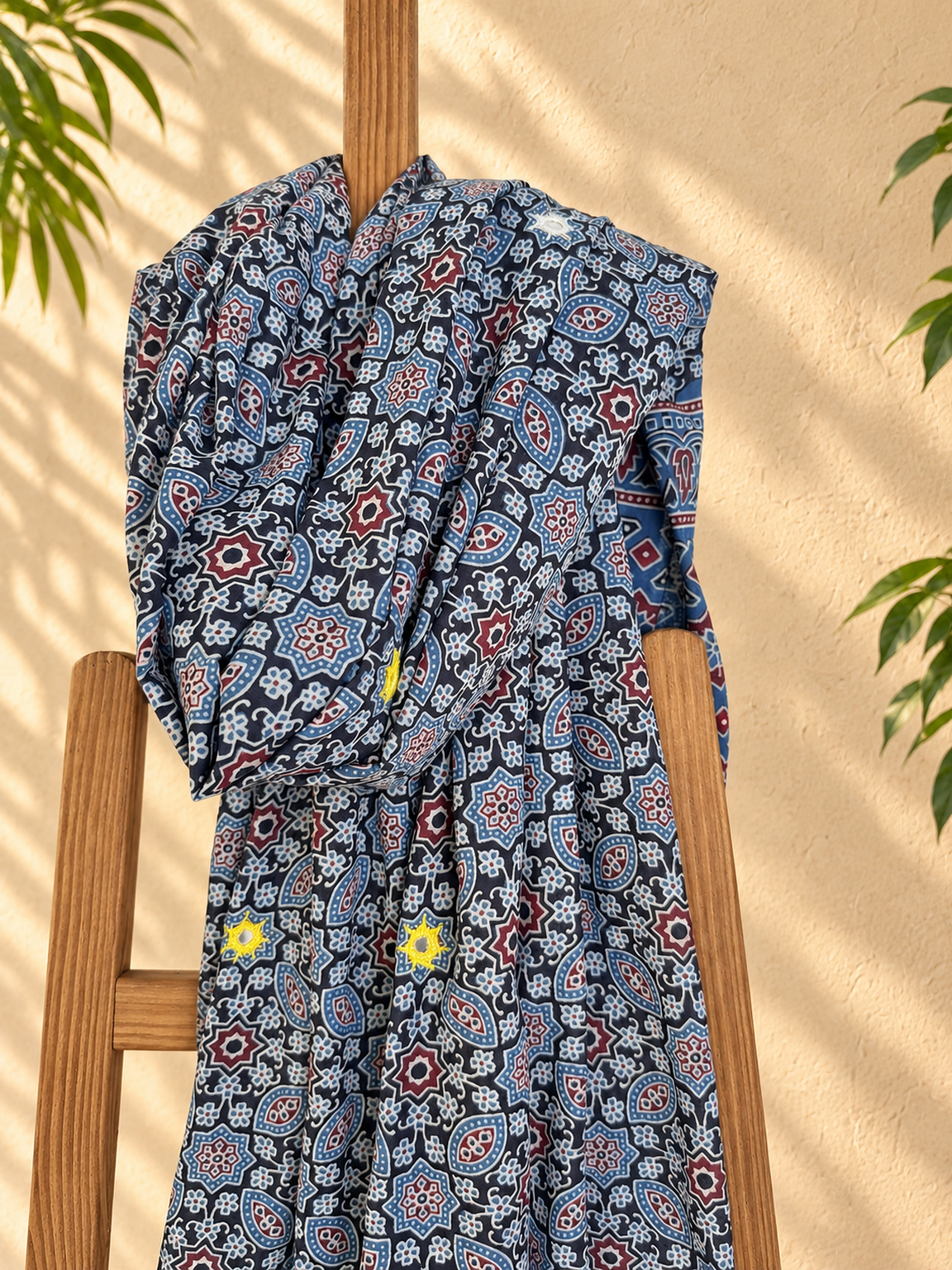 Rangrez🔅Ajrakh Mulmul Dupattas with Embroidery ~ Indigo Flowers