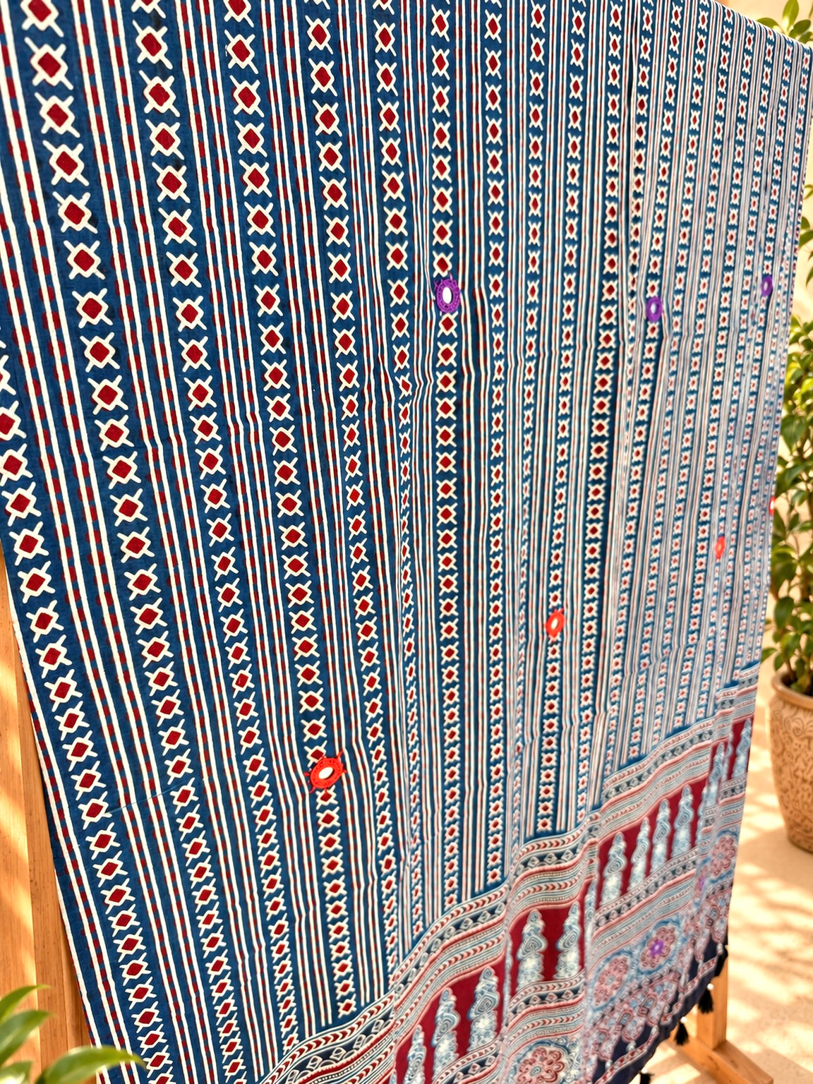 Rangrez🔅Ajrakh Mulmul Dupattas with Embroidery ~ Indigo Leher