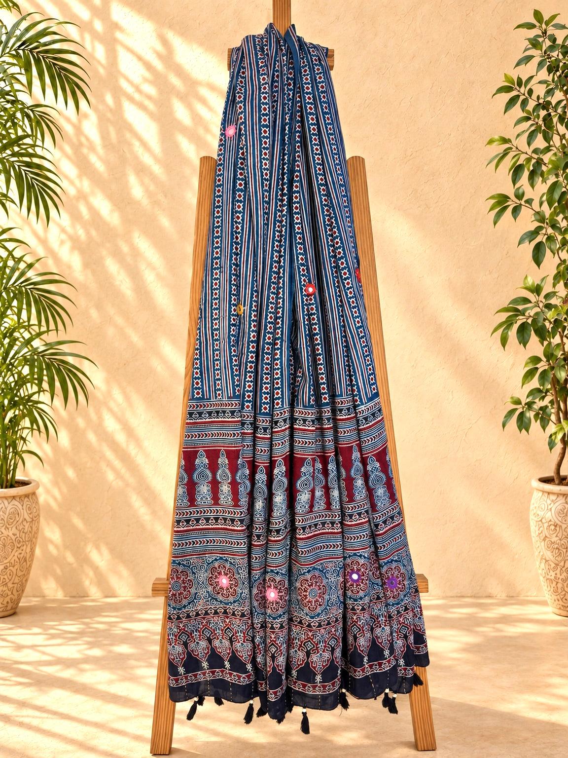 Rangrez🔅Ajrakh Mulmul Dupattas with Embroidery ~ Indigo Leher