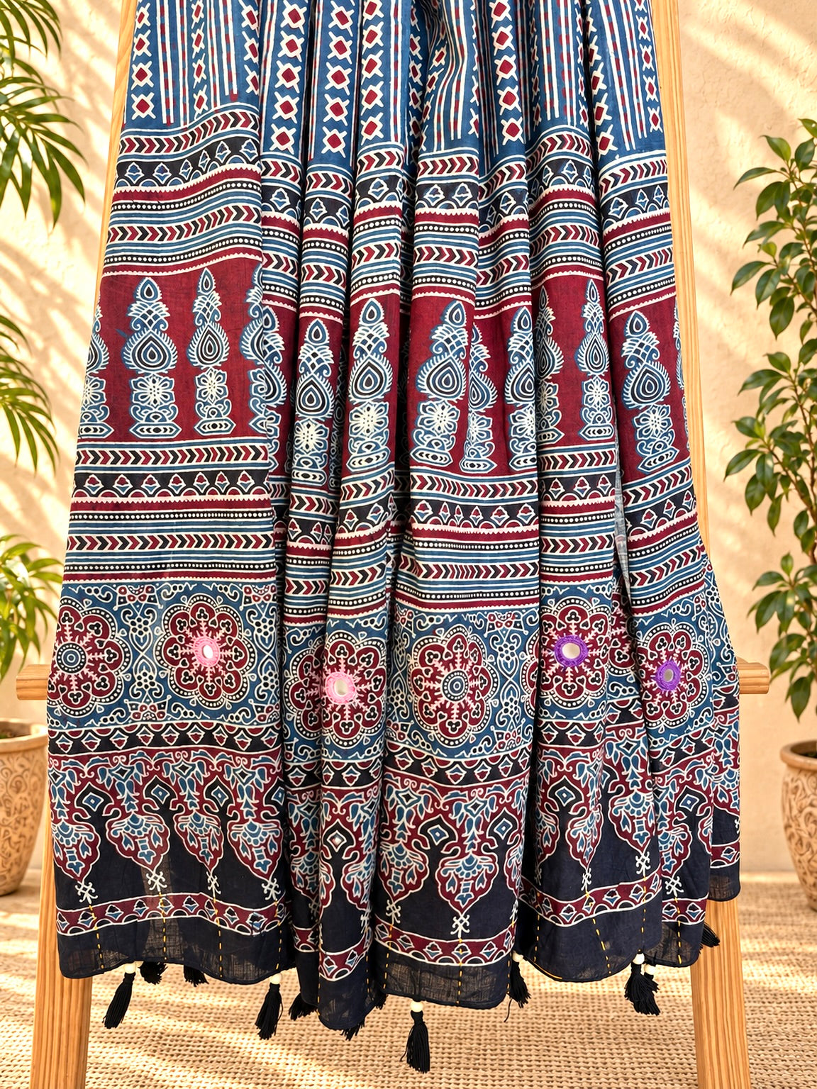 Rangrez🔅Ajrakh Mulmul Dupattas with Embroidery ~ Indigo Leher