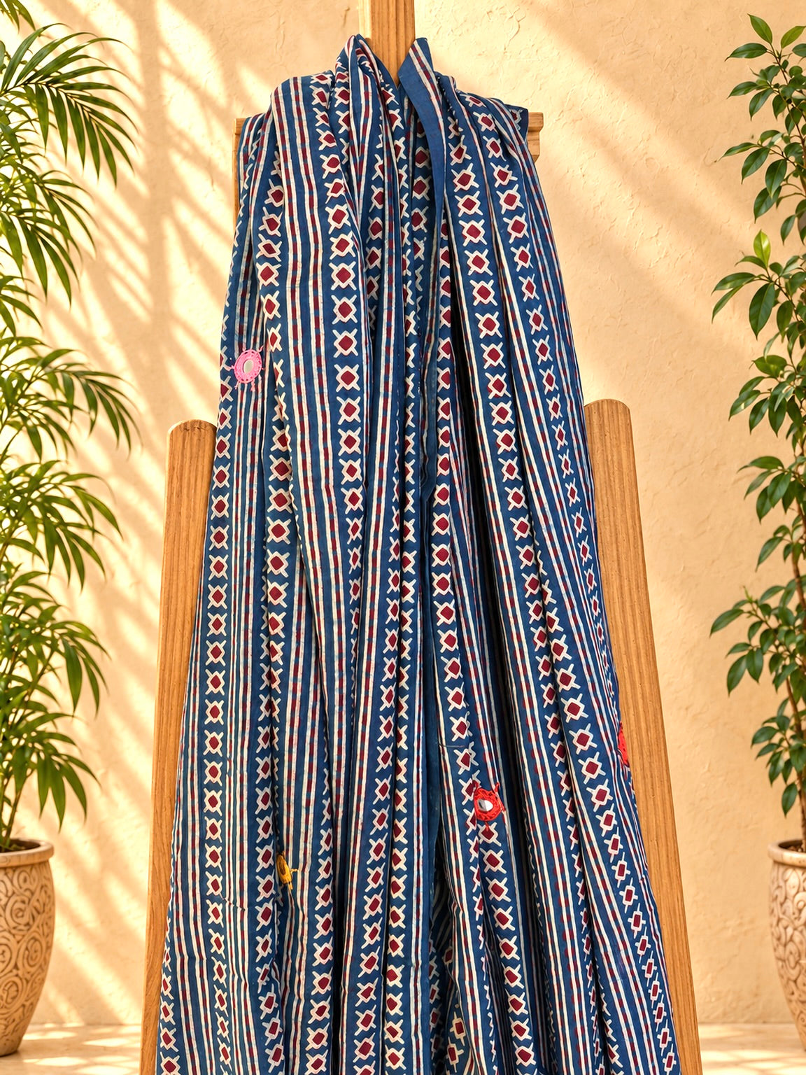 Rangrez🔅Ajrakh Mulmul Dupattas with Embroidery ~ Indigo Leher