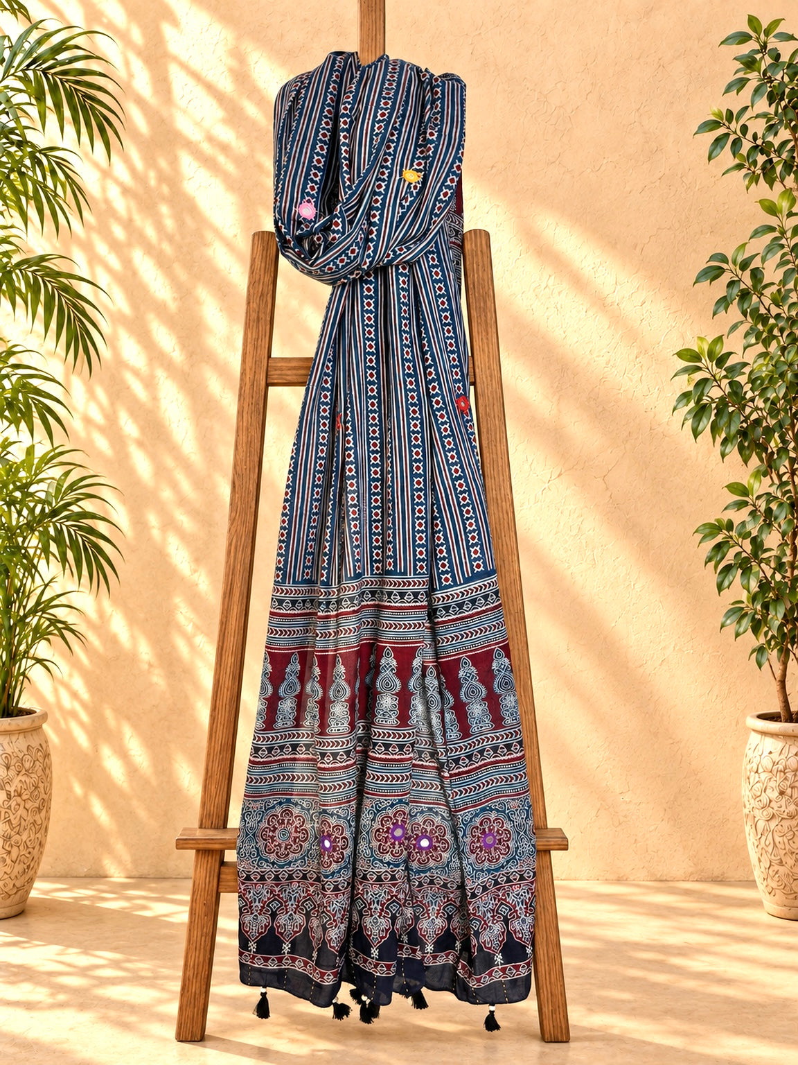 Rangrez🔅Ajrakh Mulmul Dupattas with Embroidery ~ Indigo Leher