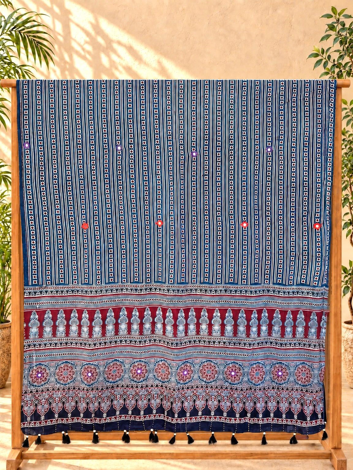 Rangrez🔅Ajrakh Mulmul Dupattas with Embroidery ~ Indigo Leher