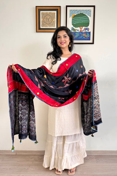 Modal Silk Ajrakh Applique Dupatta ~ Black & Red