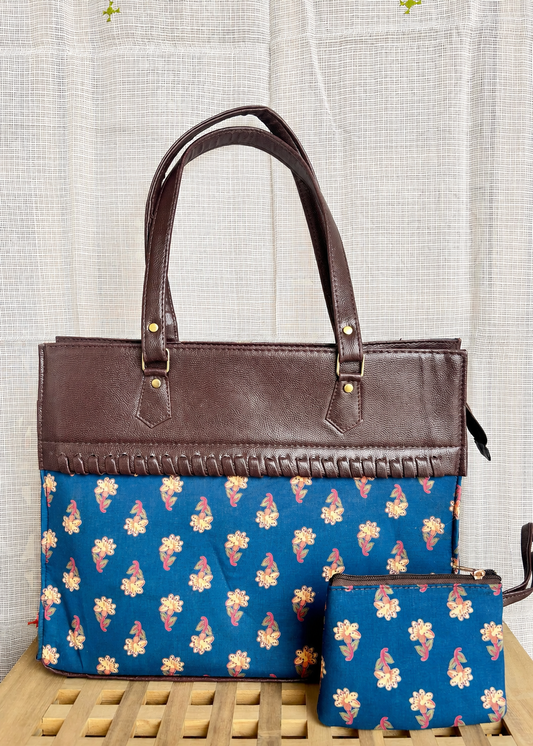 Karwaan🍂 Tulip Teal Motifs ~ Handblock Printed Fabric Bag
