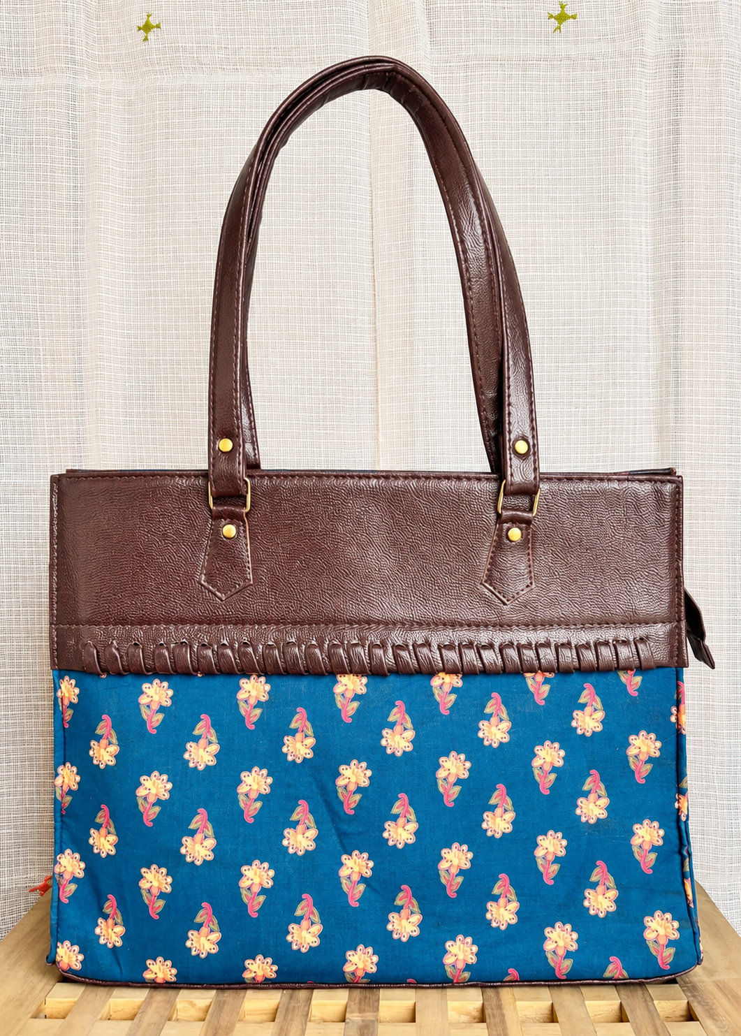 Tulip Teal Motifs ~ Handblock Printed Fabric Handbag