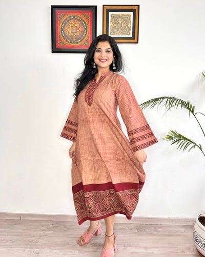 Noor 9 to 5 Ajrakh Dress - Salmon Red - Kaftan Style