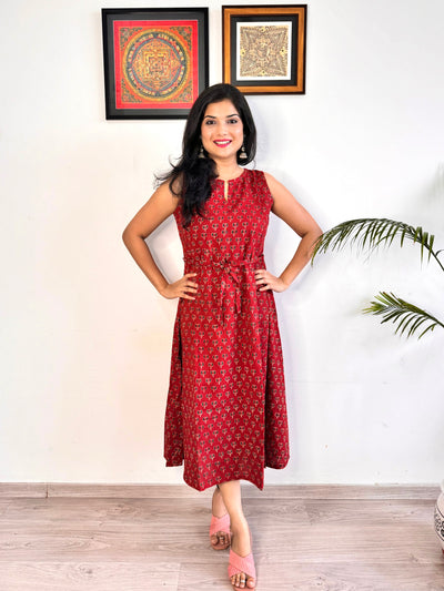Noor 9 to 5 Ajrakh Dress - Mahogany Red - Lotus Print