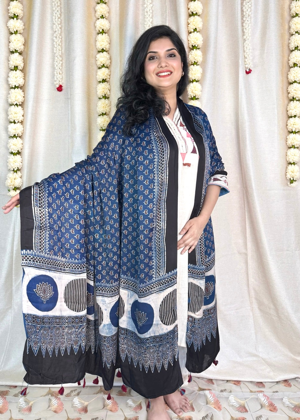 Dastaan-e-Ajrakh ✨ Modal Silk Dupatta ~ Neelambari