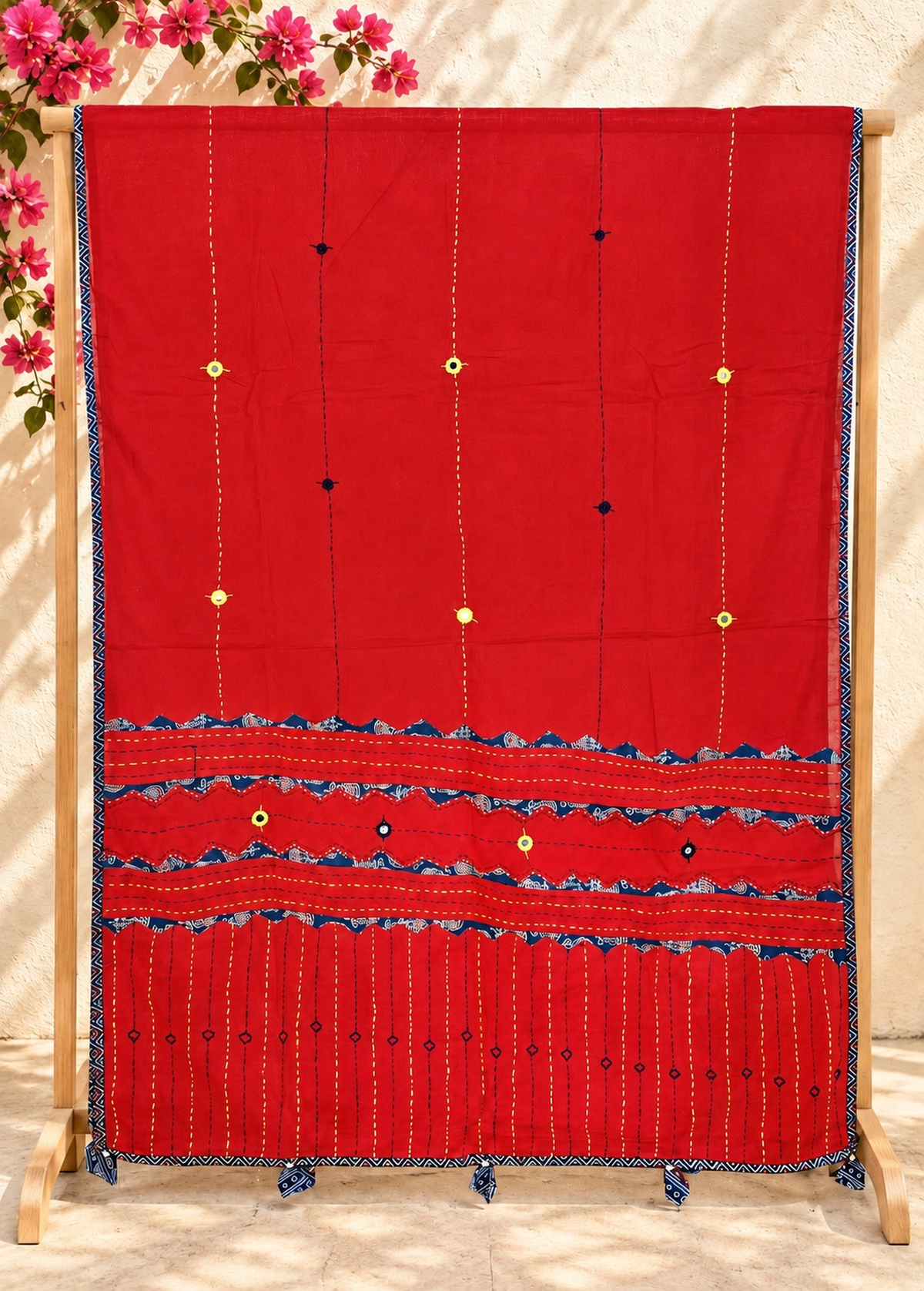 Ajrakh Applique & Kantha Embroidered Dupatta ~ Cherry Red w/ Blue Patchwork