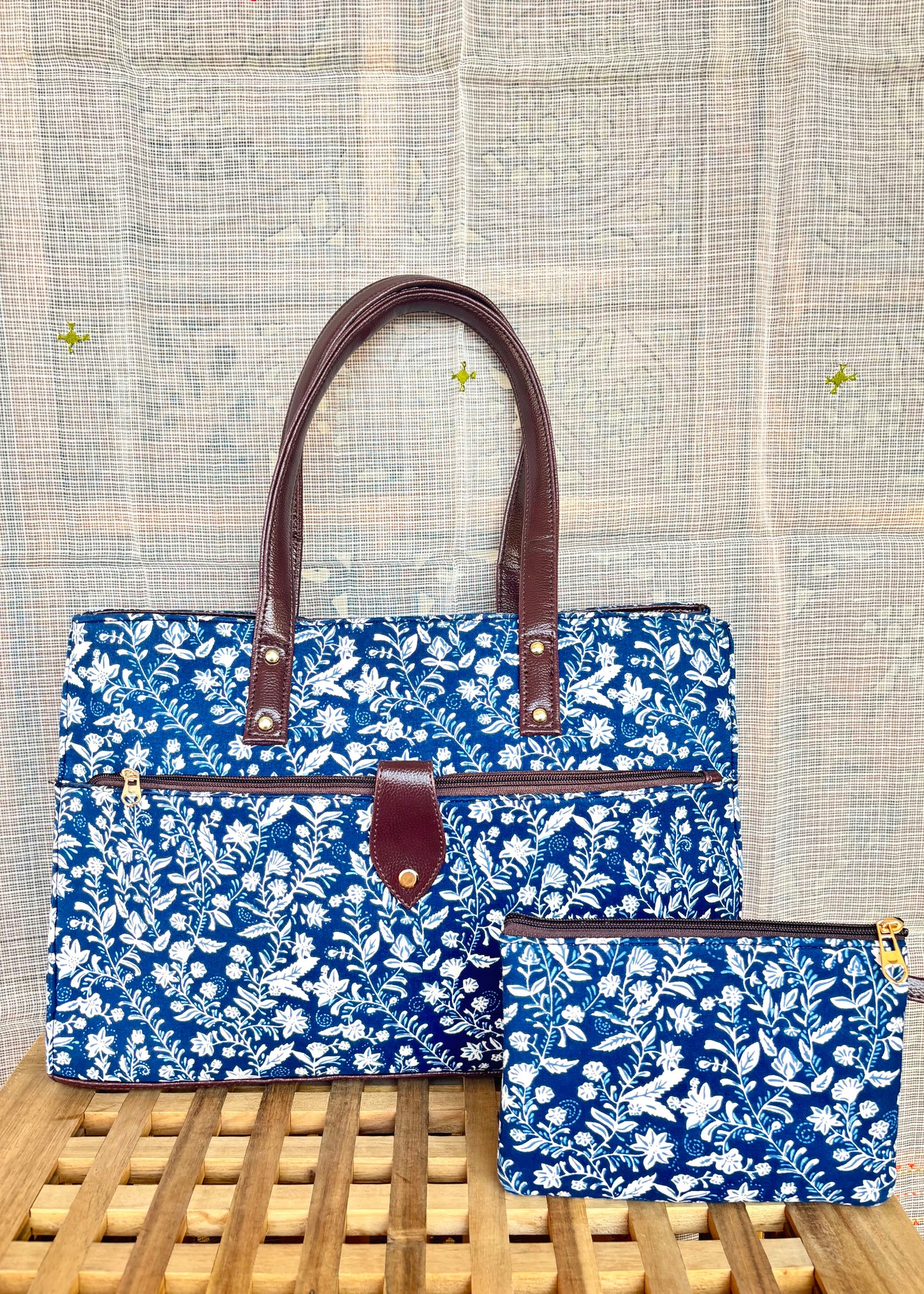 Indigo Floral Motifs ~ Sanganeri Handblock Printed Bag