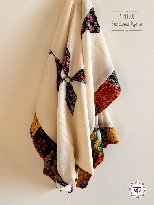 Ajrakh Applique & Kantha Embroidered Cotton Dupatta ~ White
