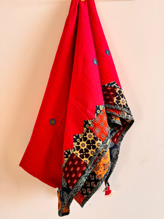 Ajrakh Applique & Kantha Embroidered Cotton Dupatta ~ Cherry Red