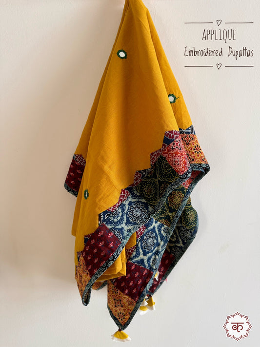 Ajrakh Applique & Kantha Embroidered Cotton Dupatta ~ Mustard Yellow