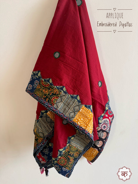 Ajrakh Applique & Kantha Embroidered Cotton Dupatta ~ Deep Red