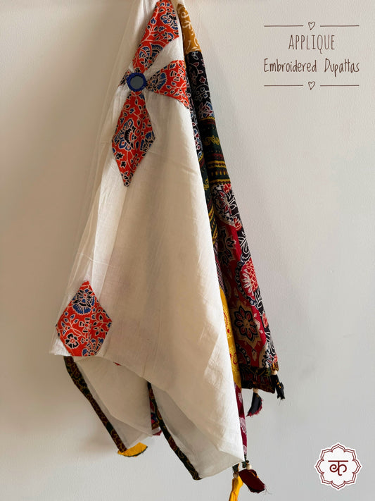 Ajrakh Applique & Kantha Embroidered Cotton Dupatta ~ White