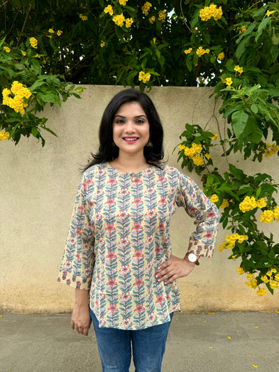 Morning Glory - Pastel Cream Handblock Kurti