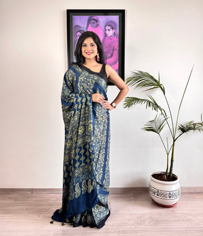 Modal Silk Ajrakh Saree - Blue