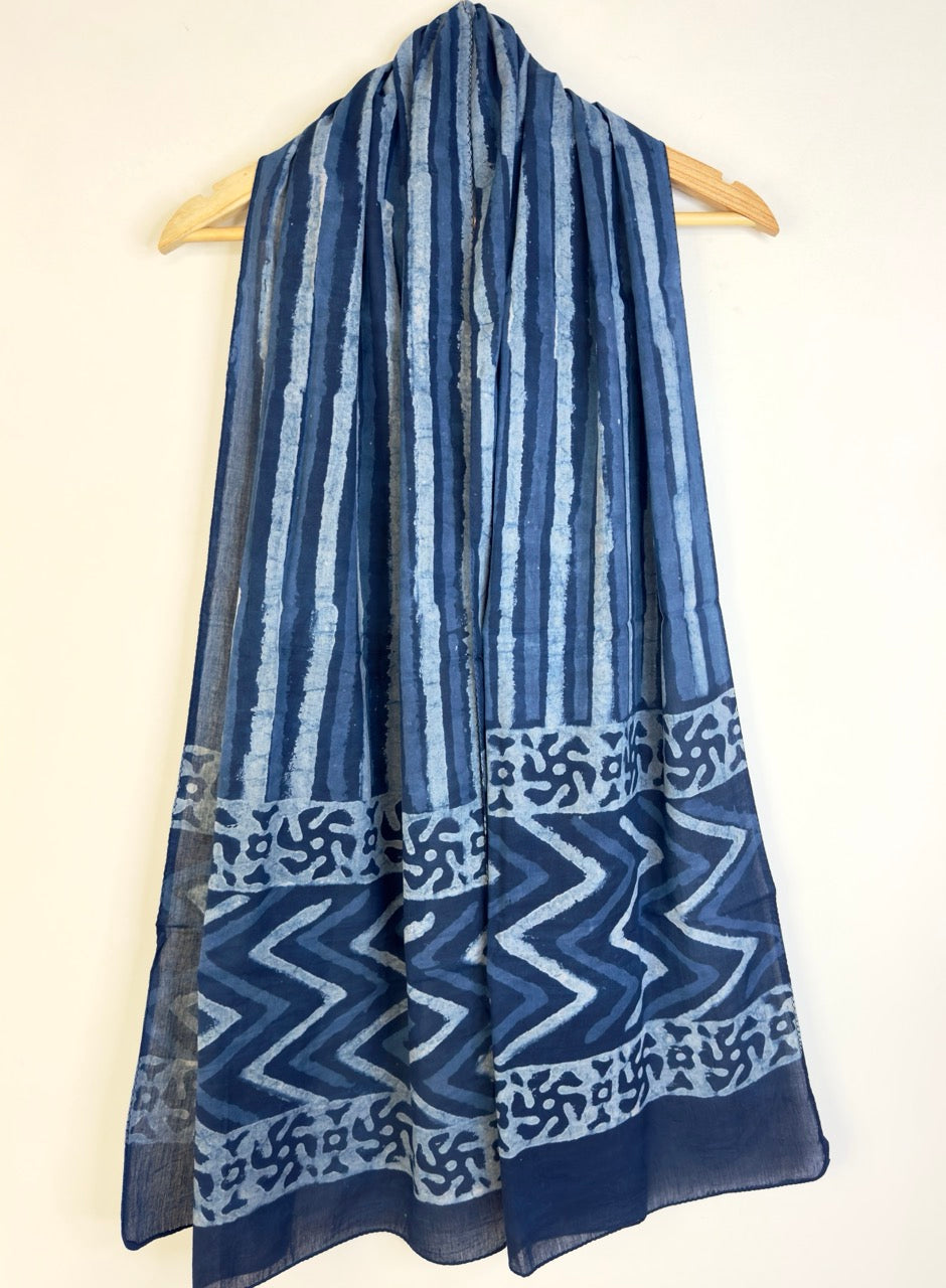 Raag 🪷 Mulmul Cotton Stoles ~  Indigo Doodle