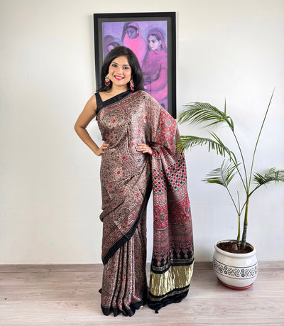 Modal Silk Ajrakh Saree with Zari - Beige Brown