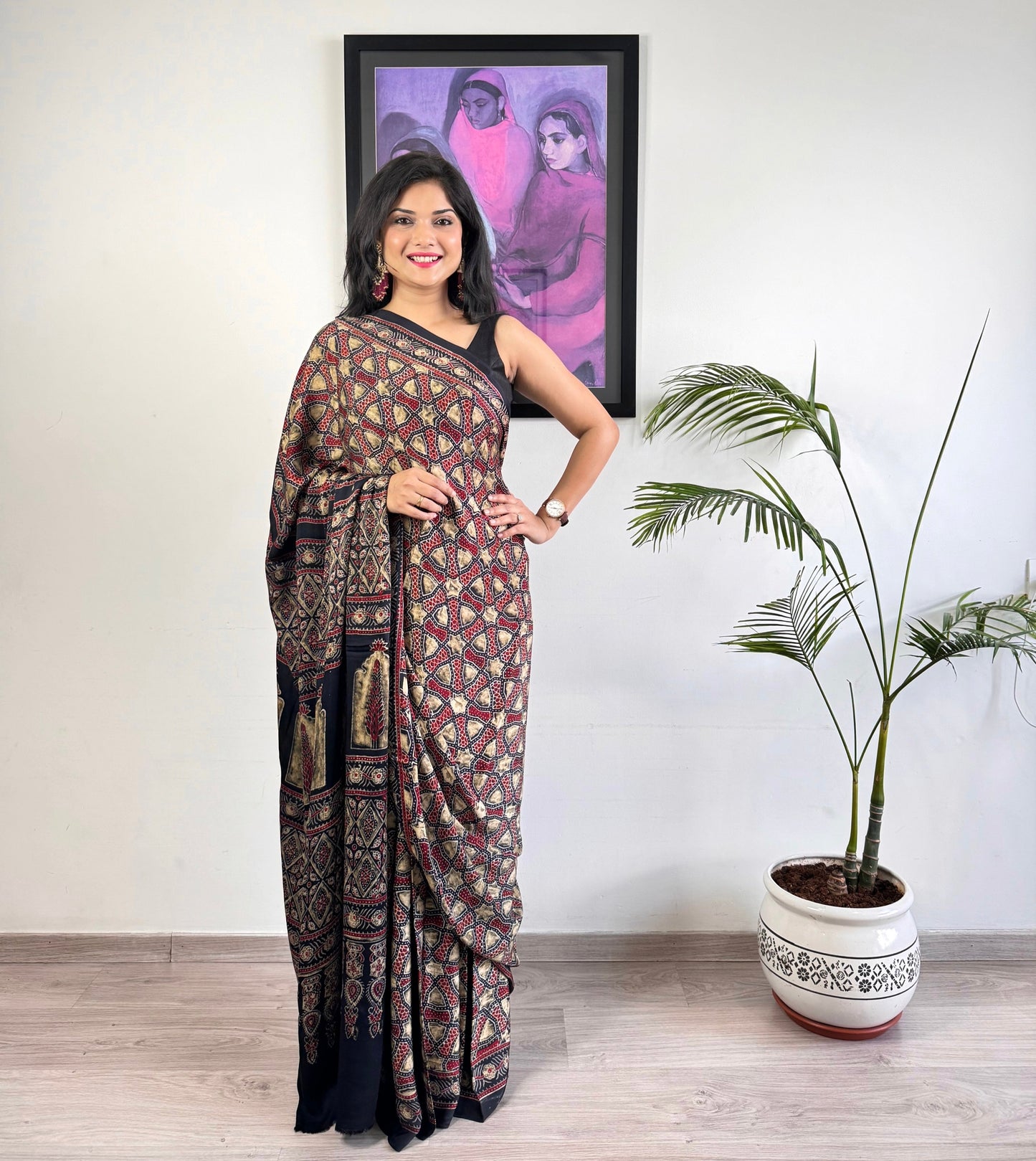 Modal Silk Ajrakh Saree - Black Grunge