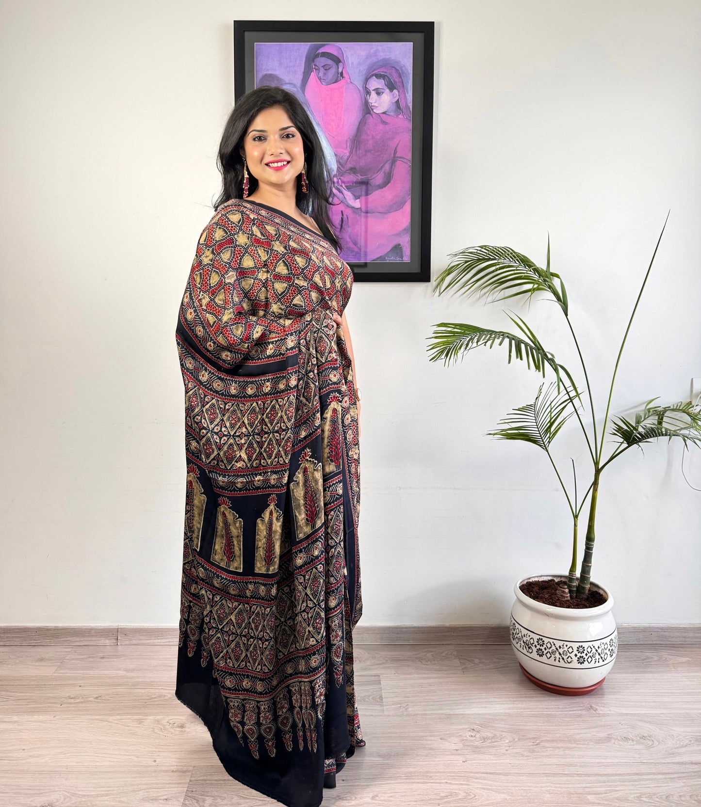Modal Silk Ajrakh Saree - Black Grunge