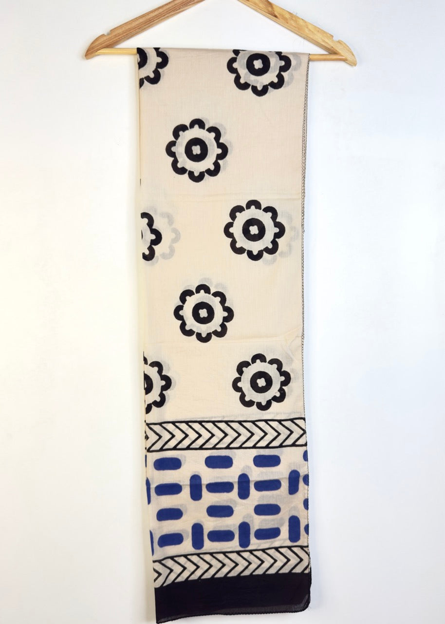 Raag 🪷 Mulmul Cotton Stoles ~ Flower & Capsules ~ Black & Blue