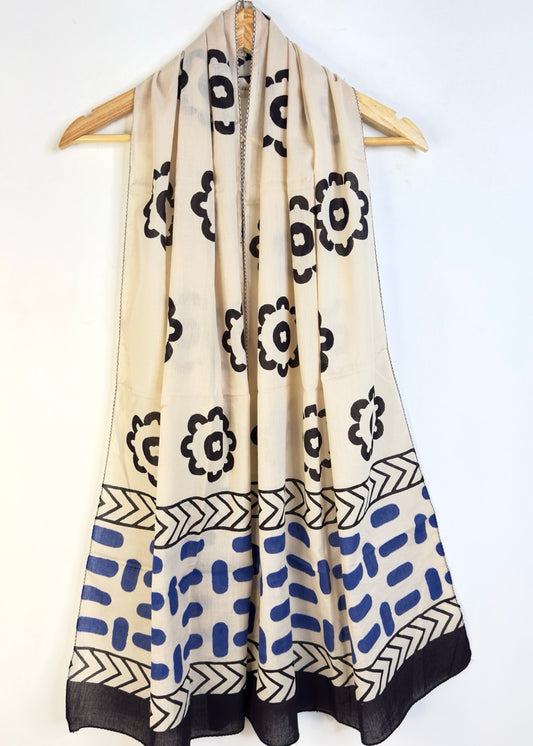 Raag 🪷 Mulmul Cotton Stoles ~ Flower & Capsules ~ Black & Blue