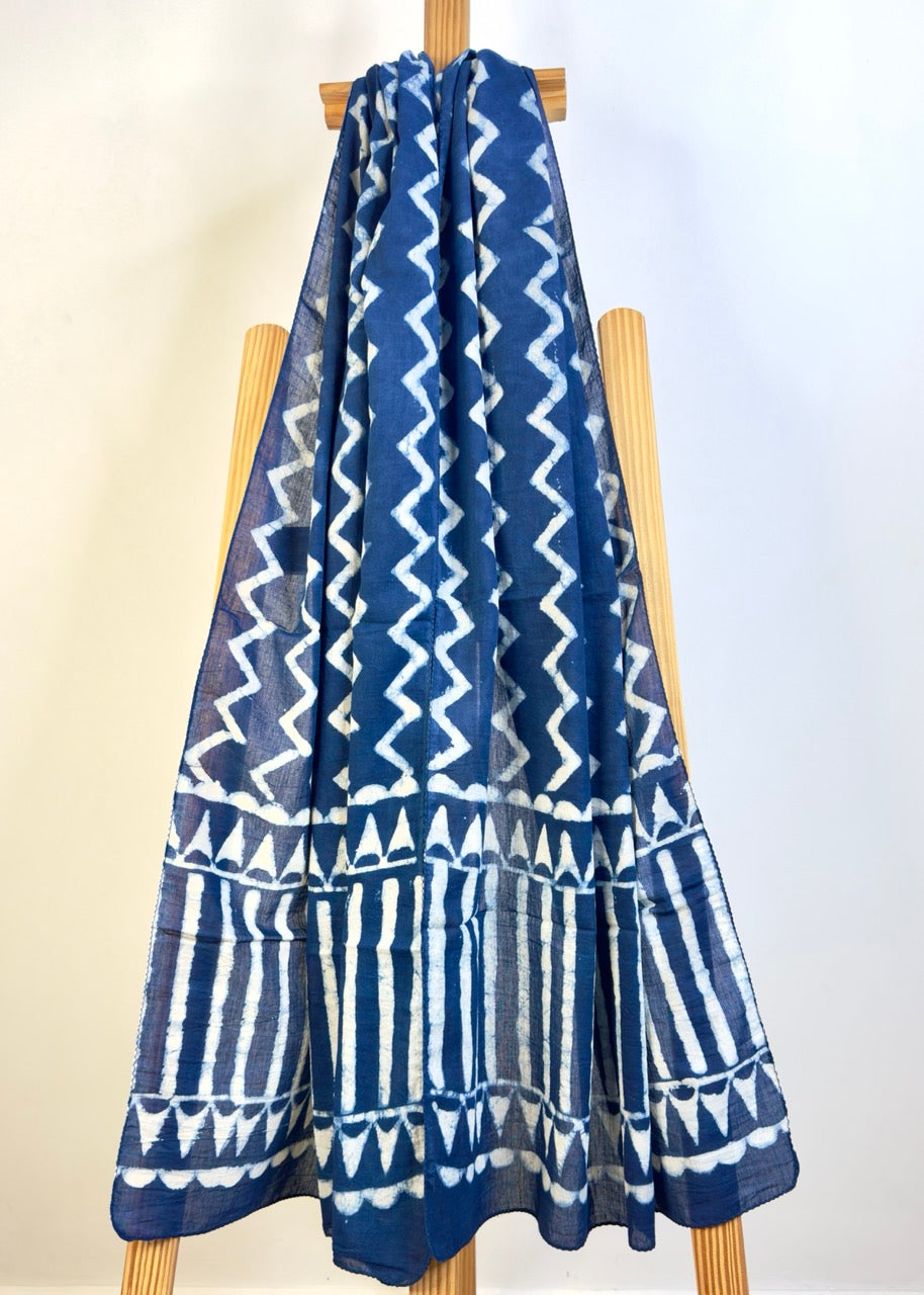 Raag 🪷 Mulmul Cotton Stoles ~  Zigzag Indigo