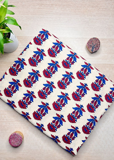 Ivory base w/ Ruby Red Flowers Ajrakh Fabric
